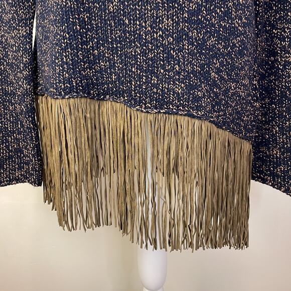 Love Sex Money Brand Navy Taupe Turtleneck Italian Knit Fringe Sweater Size L - Picture 4 of 9